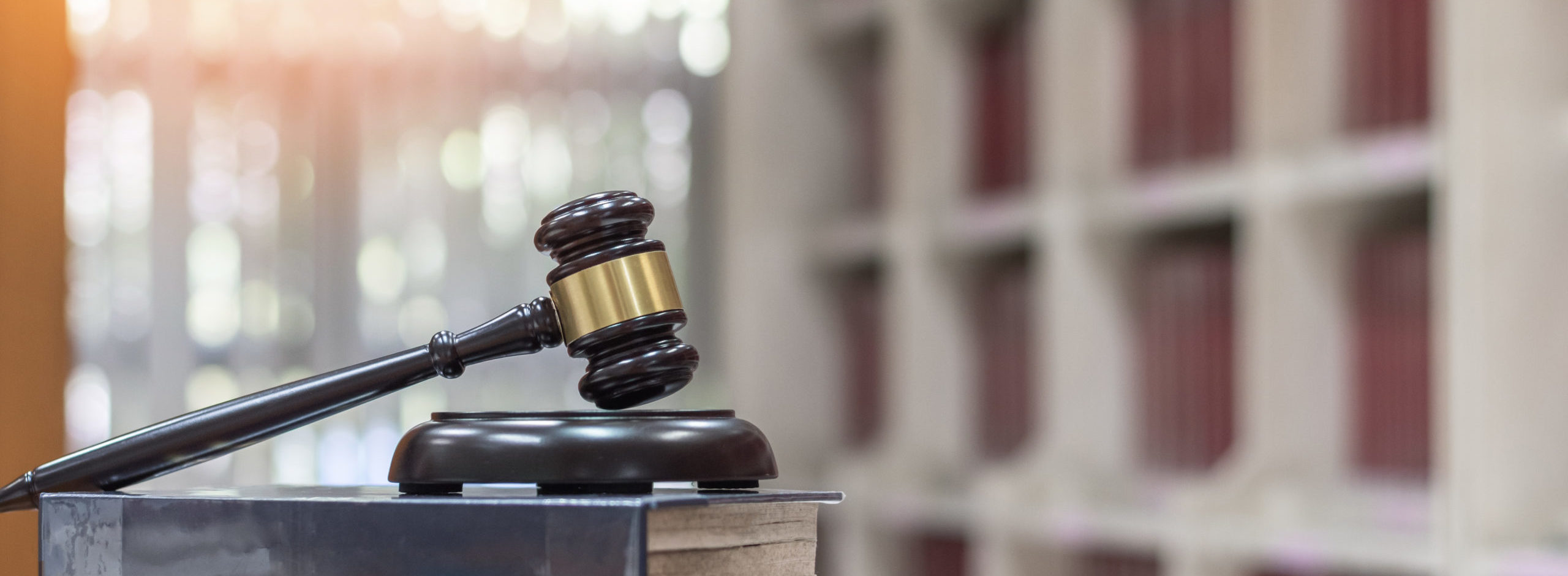 Forensic medicine science, criminalistics legal investigation or medical practice justice concept with judge gavel on law text book for criminal and civil laws in school class or library